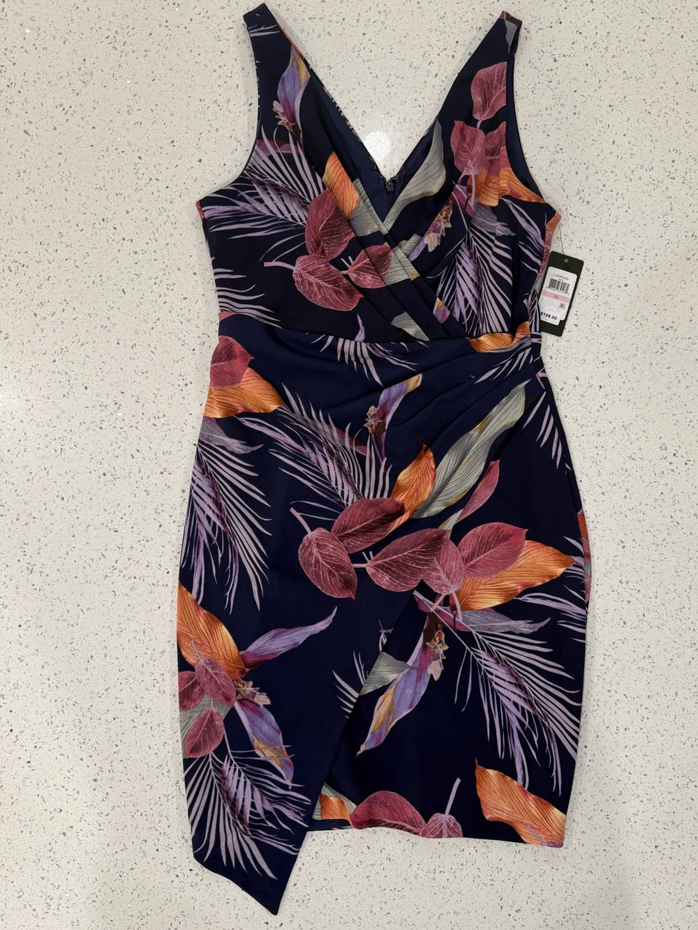Guess Navy Floral Wrap-Style Mini Dress with Pink and Orange Leaves NWT Size 10
